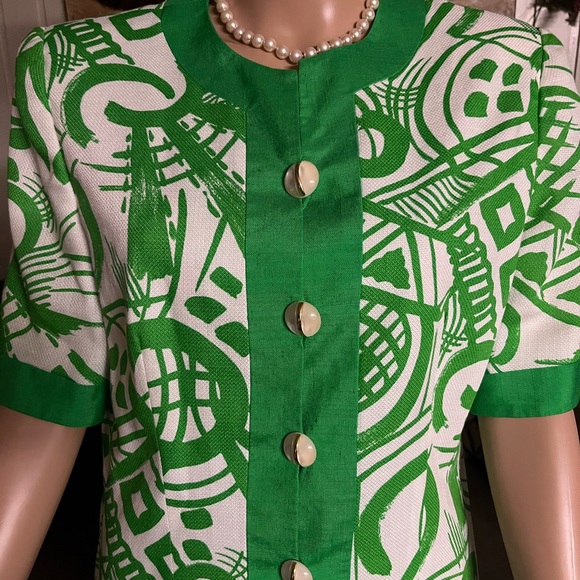 Gene Roye • Vintage • Silk • Lime Green / White • Geometric • Size 12 • Dress - Picture 8 of 16